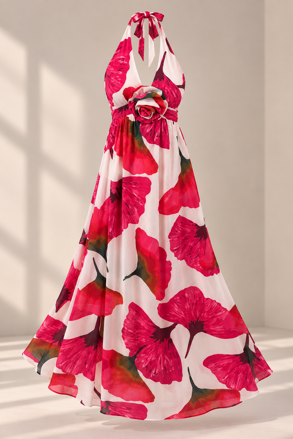 Vestido Maxi Floral Rosé con Flor
