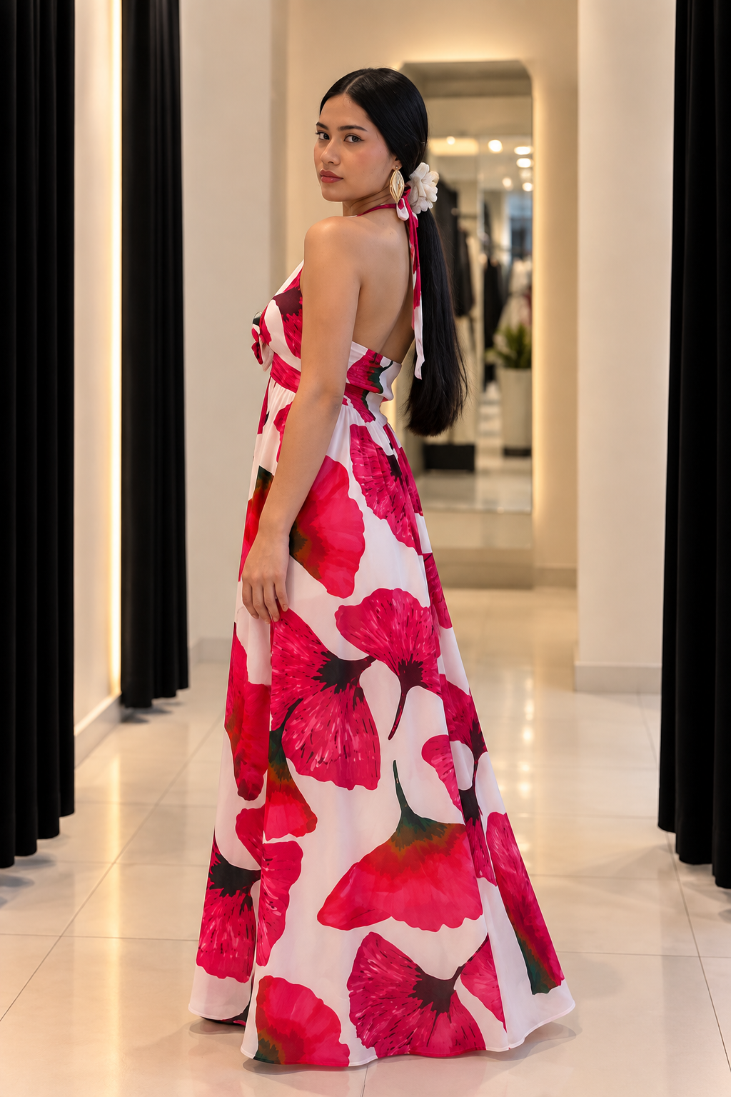 Vestido Maxi Floral Rosé con Flor