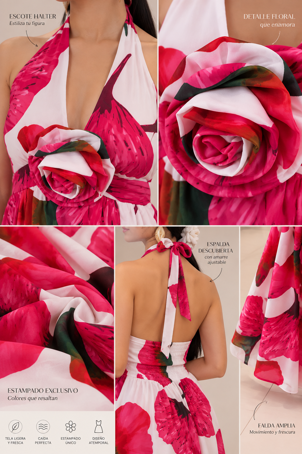 Vestido Maxi Floral Rosé con Flor
