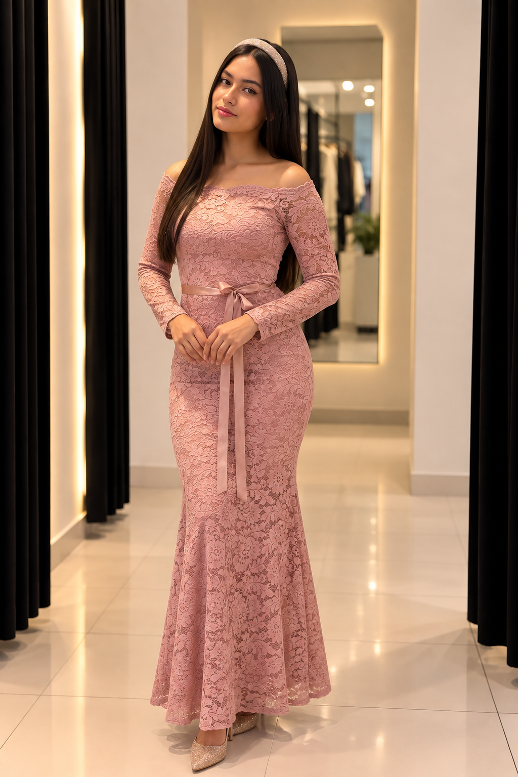 Vestido Largo de Encaje Rosé con Lazo Satinado