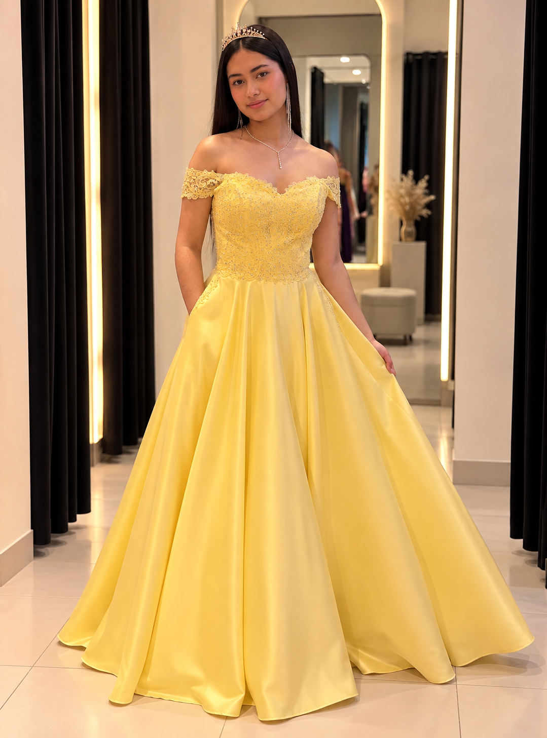 Vestido de Gala Amarillo Princesa con Pedrería