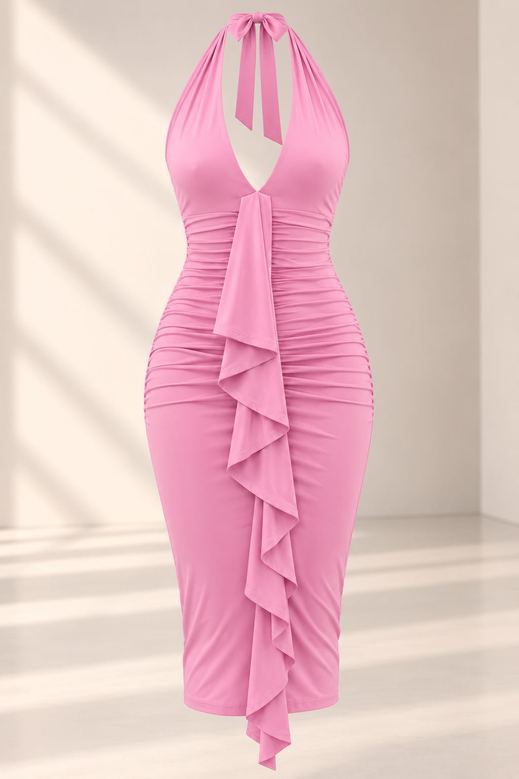 Vestido Midi Rosa Serena – Escote Halter y Drapeado