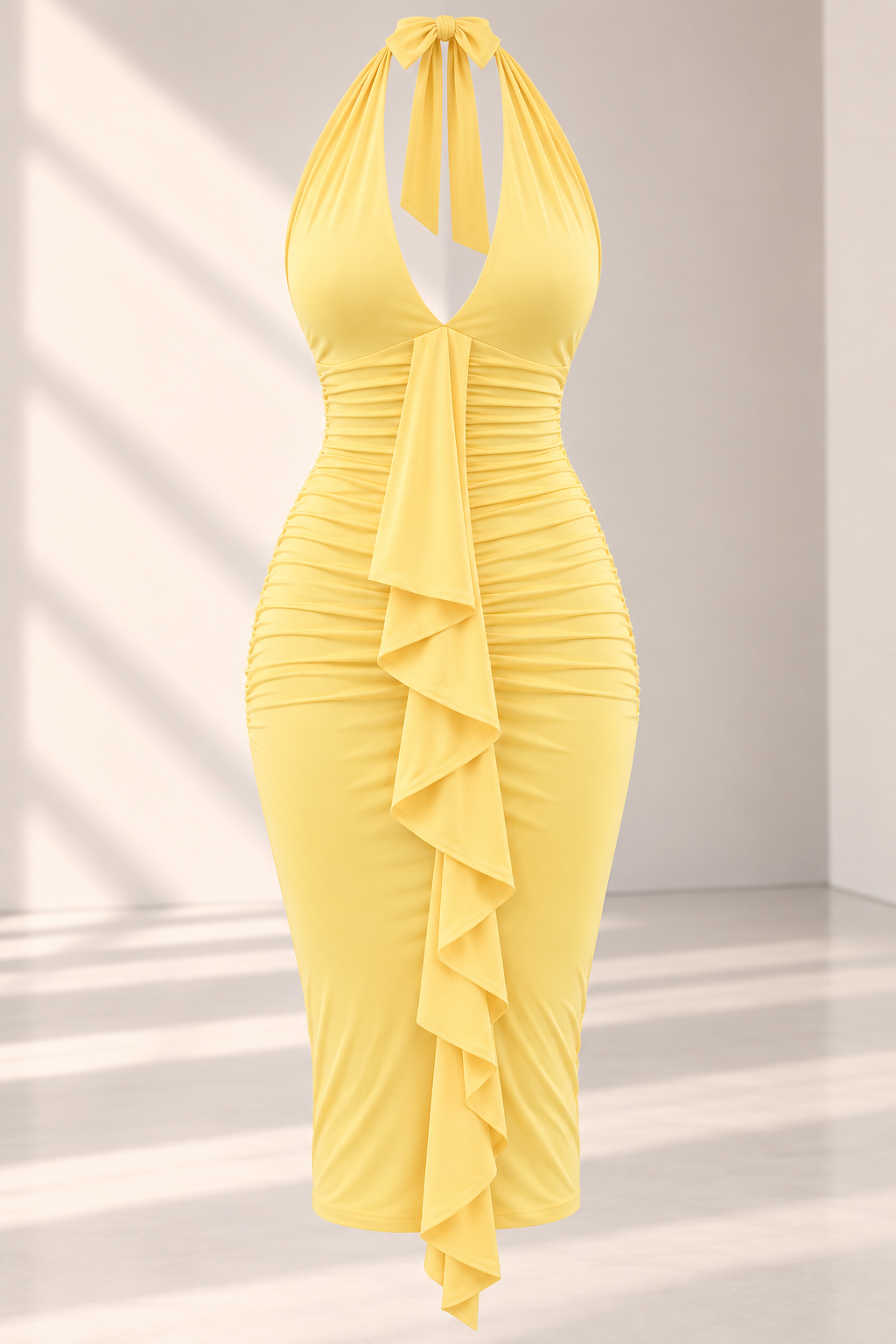 Vestido Midi Amarillo Serena – Escote Halter y Drapeado.