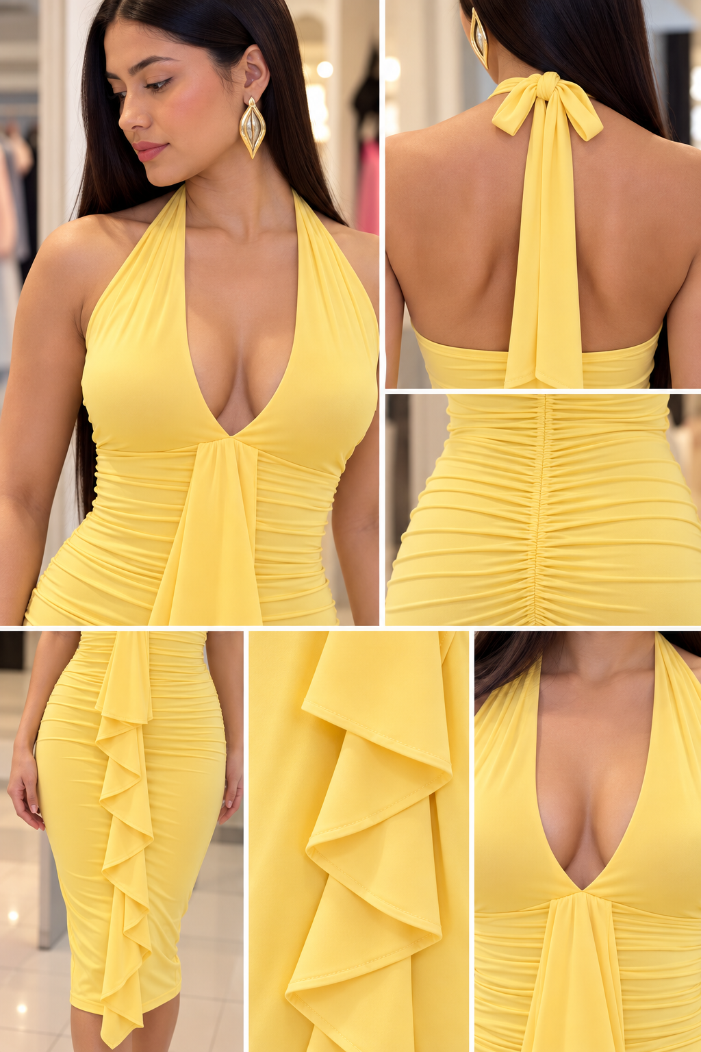 Vestido Midi Amarillo Serena – Escote Halter y Drapeado.