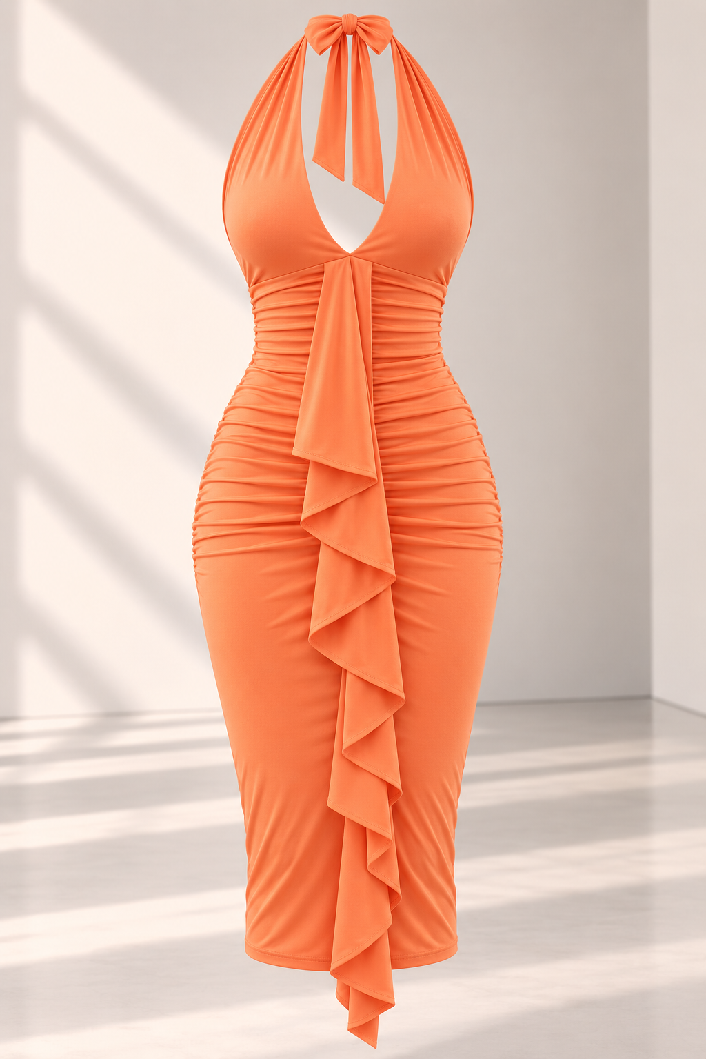 Vestido Midi naranja/coral Serena – Escote Halter y Drapeado. (Copia)