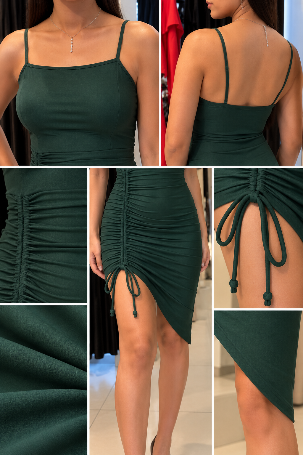 Vestido verde oscuro Asimétrico con Fruncido Ajustable