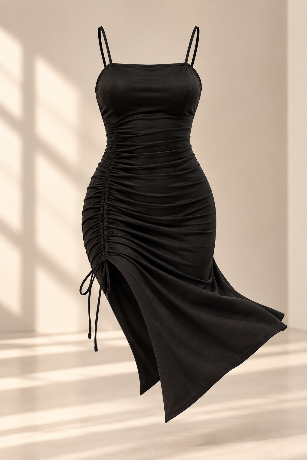 Vestido Negro Asimétrico con Fruncido Ajustable
