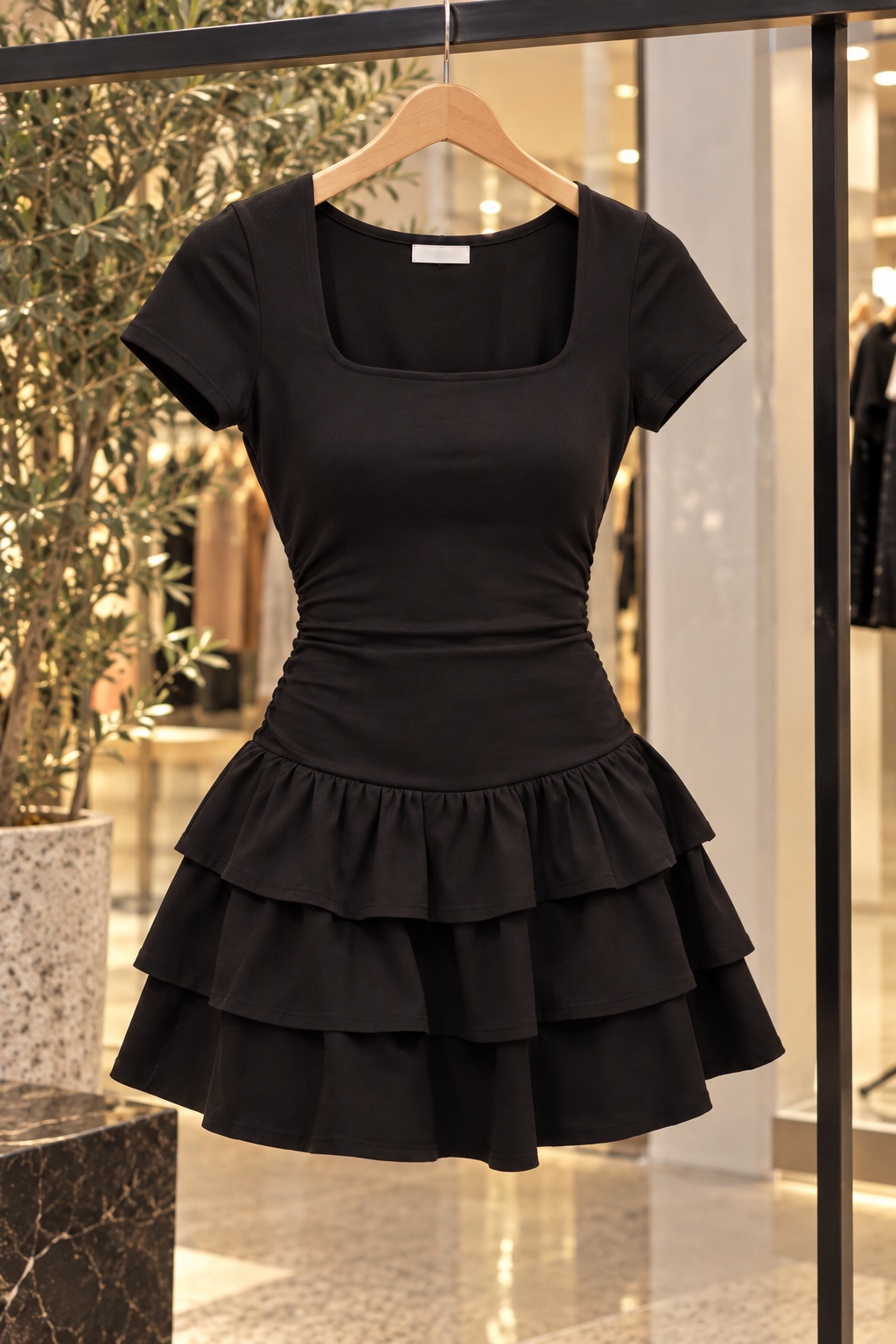 Vestido Corto Negro Ébano con Falda de Volantes