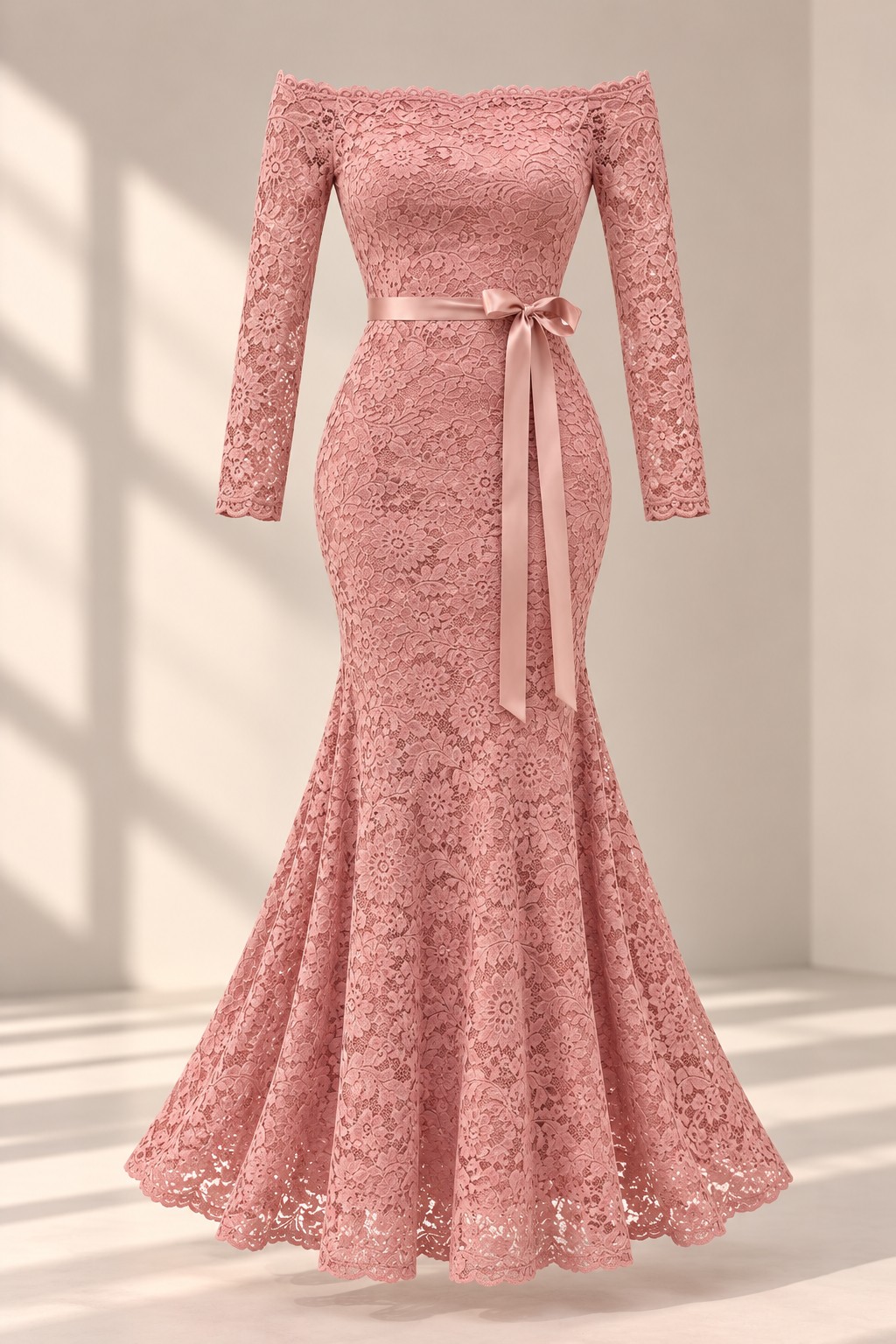 Vestido Largo de Encaje Rosé con Lazo Satinado