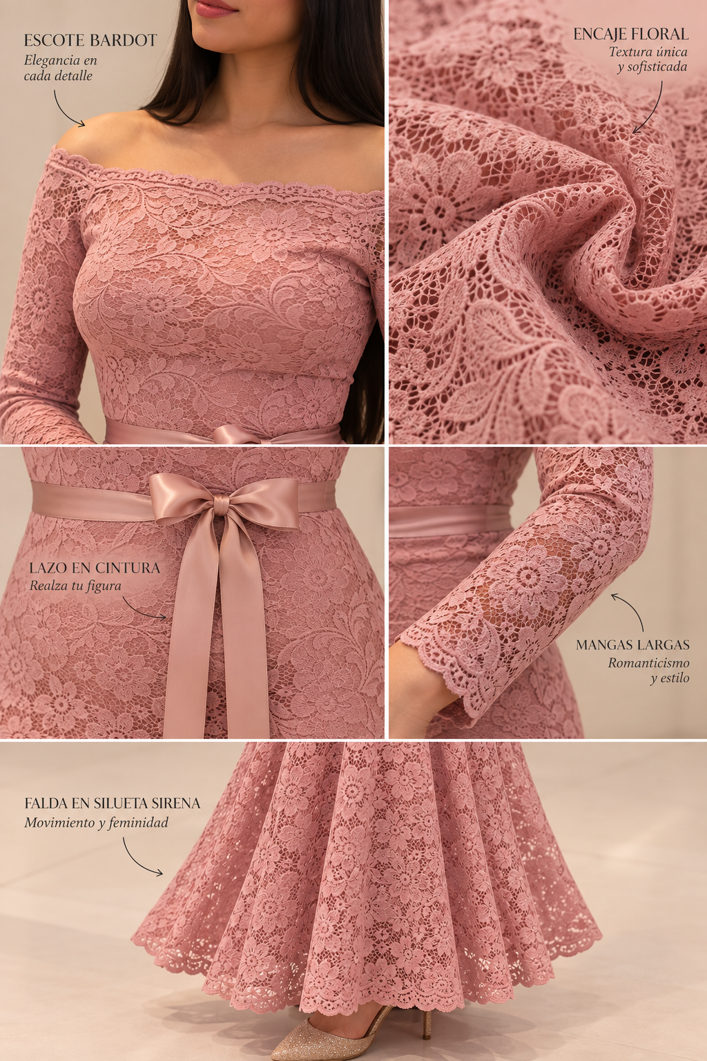 Vestido Largo de Encaje Rosé con Lazo Satinado