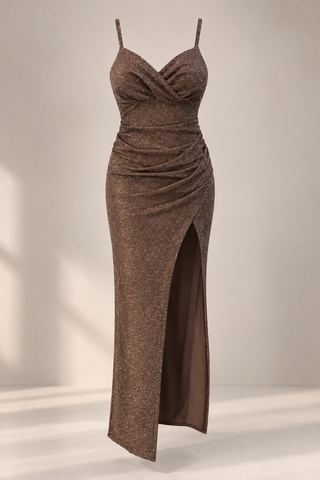 Vestido Largo Lurex Bronce con Abertura