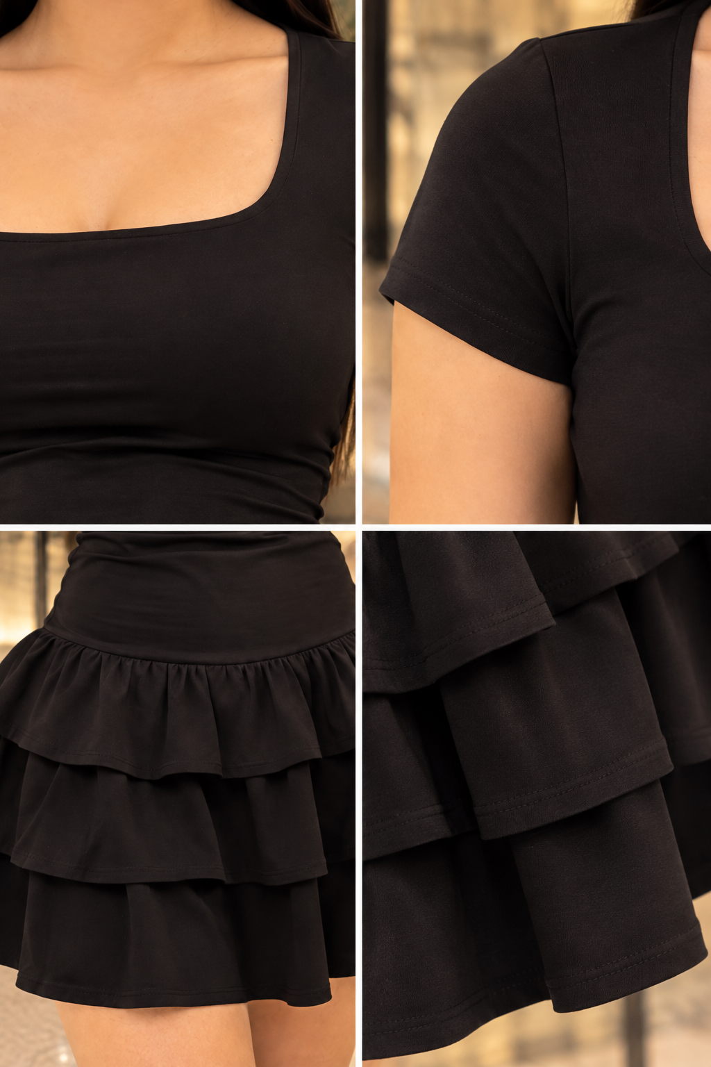 Vestido Corto Negro Ébano con Falda de Volantes