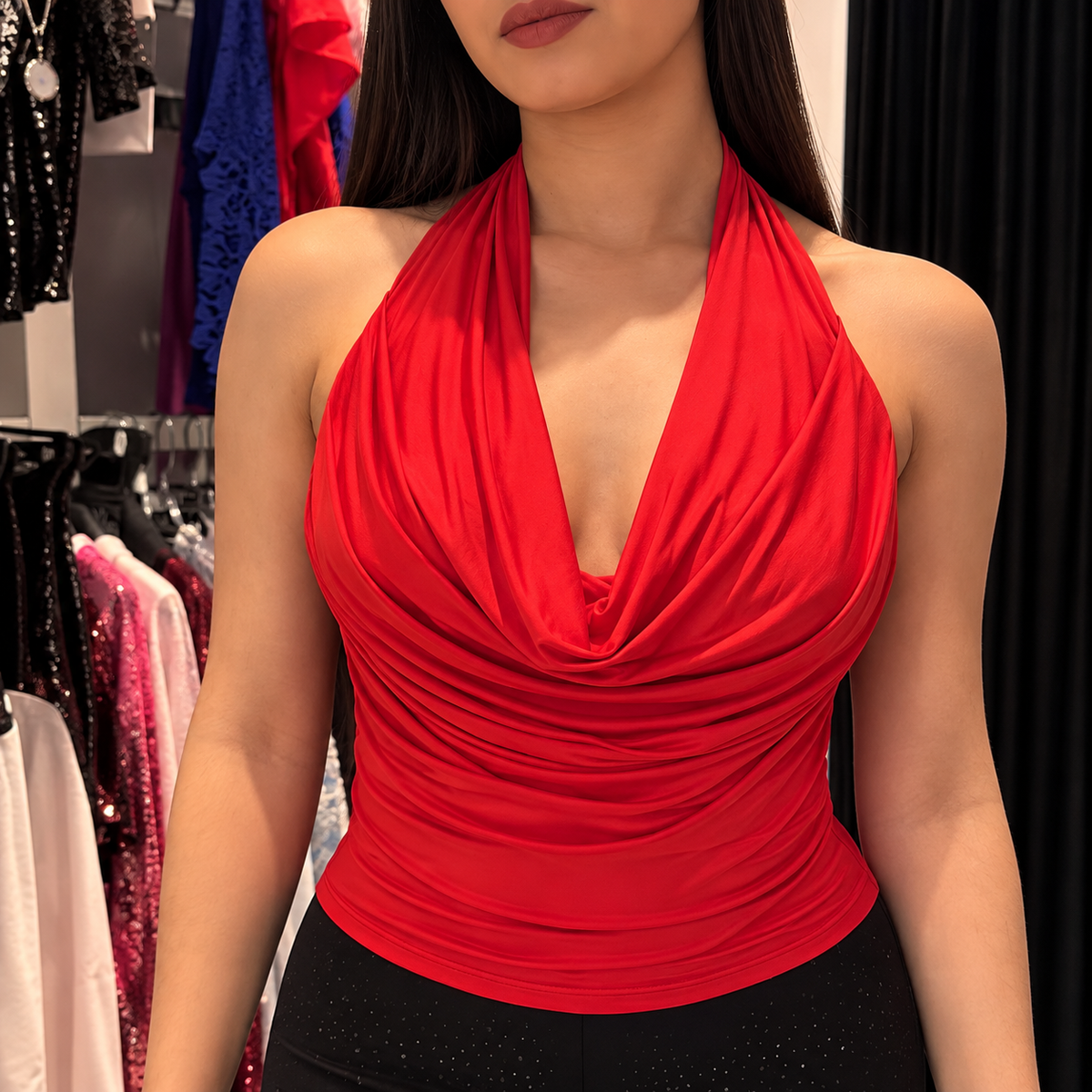 Top Halter Drapeado Rouge Elegance – Rojo